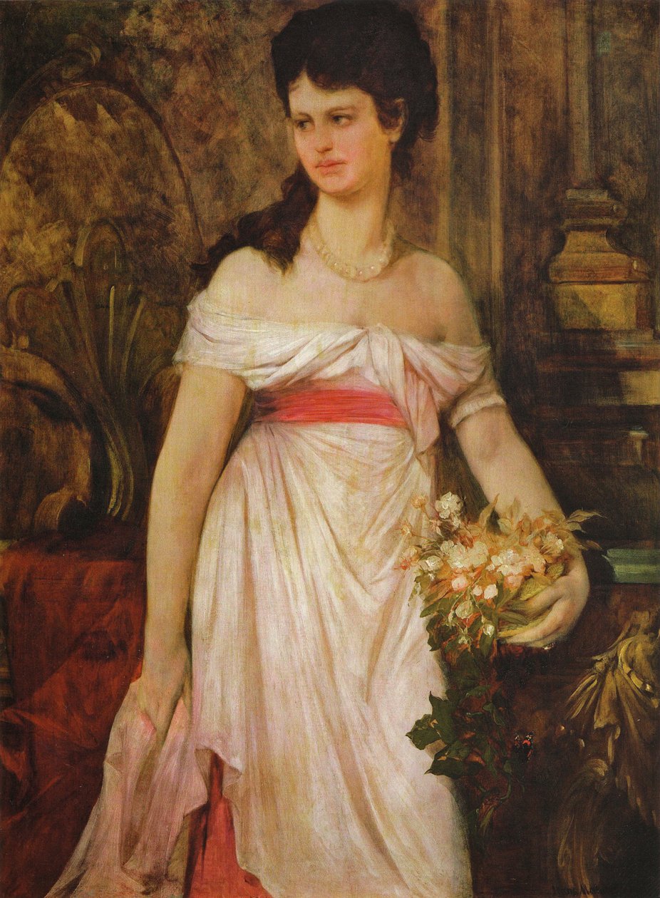 Portret van een dame, staand in een witte jurk door Hans Makart