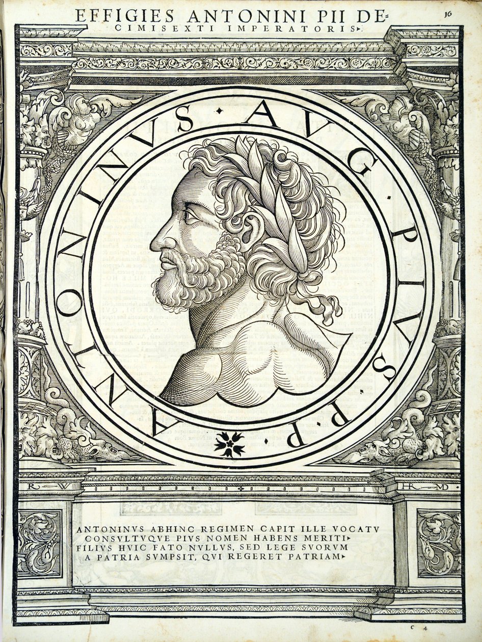 Antoninus Pius, illustratie uit Imperatorum romanorum omnium orientalium et occidentalium verissimae imagines ex antiquis numismatis, houtsnede door Rudolph Wyssenbach, gedrukt door Andreas Gesner, Zürich door Hans Rudolf Manuel Deutsch