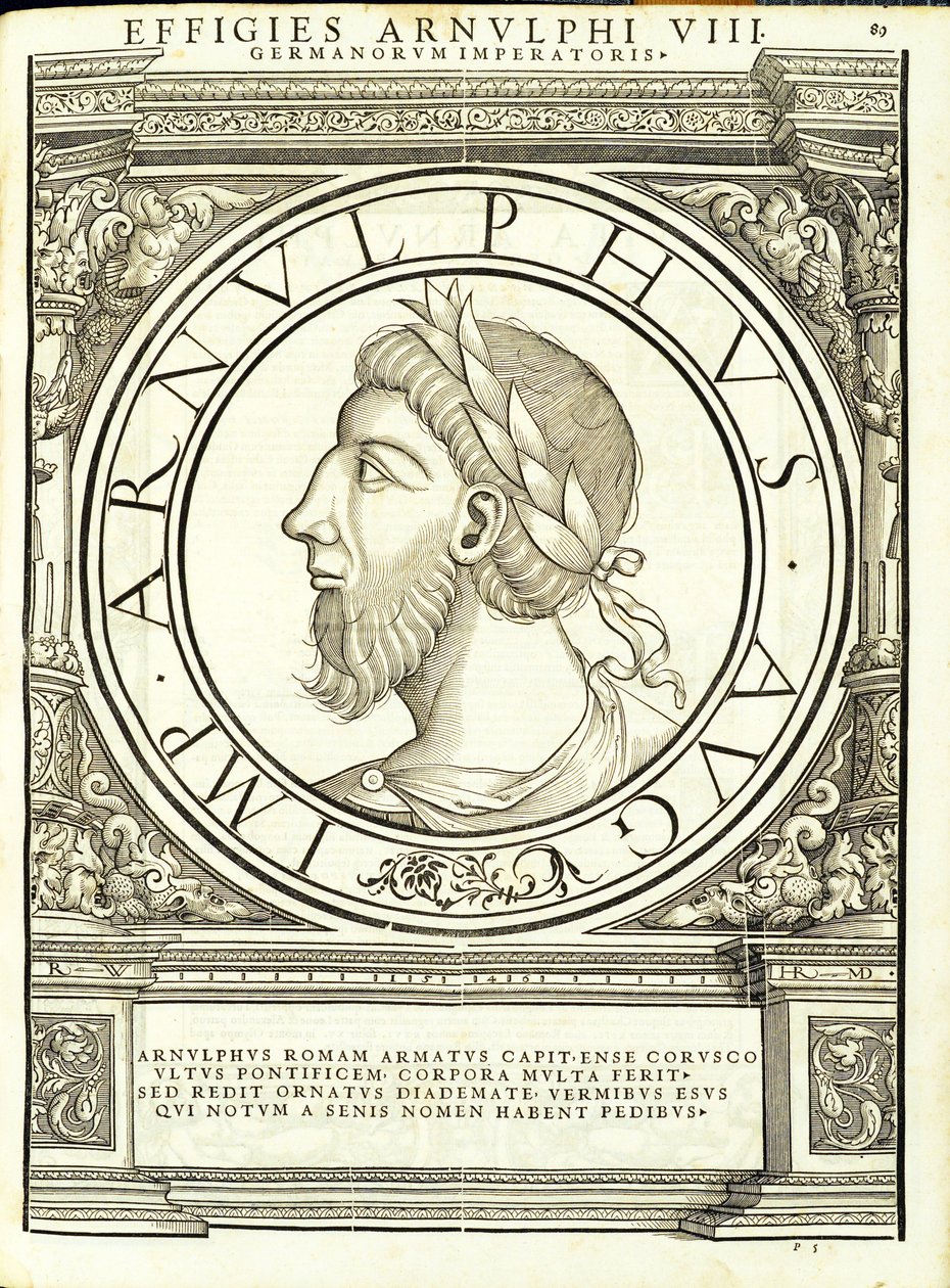 Arnulphus, illustratie uit Imperatorum romanorum omnium orientalium et occidentalium verissimae imagines ex antiquis numismatis door Hans Rudolf Manuel Deutsch