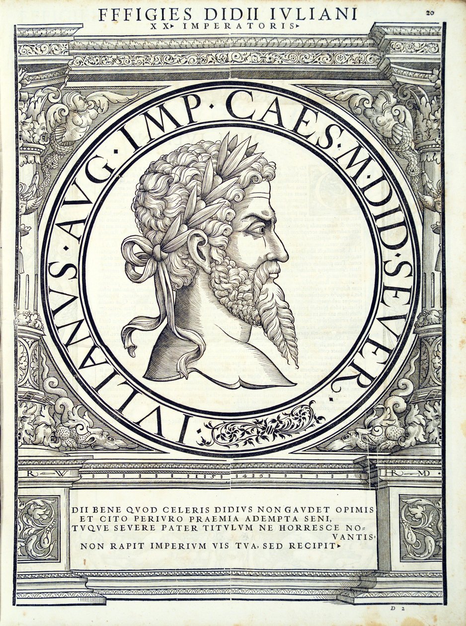 Didius Julianus, illustratie uit Imperatorum romanorum omnium orientalium et occidentalium verissimae imagines ex antiquis numismatis, houtsnede door Rudolph Wyssenbach, gedrukt door Andreas Gesner, Zürich door Hans Rudolf Manuel Deutsch