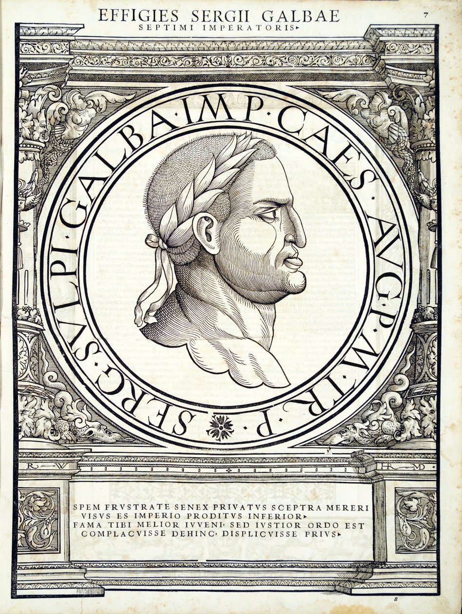 Galba, illustratie uit Imperatorum romanorum omnium orientalium et occidentalium verissimae imagines ex antiquis numismatis, houtsnede door Rudolph Wyssenbach, gedrukt door Andreas Gesner, Zürich door Hans Rudolf Manuel Deutsch