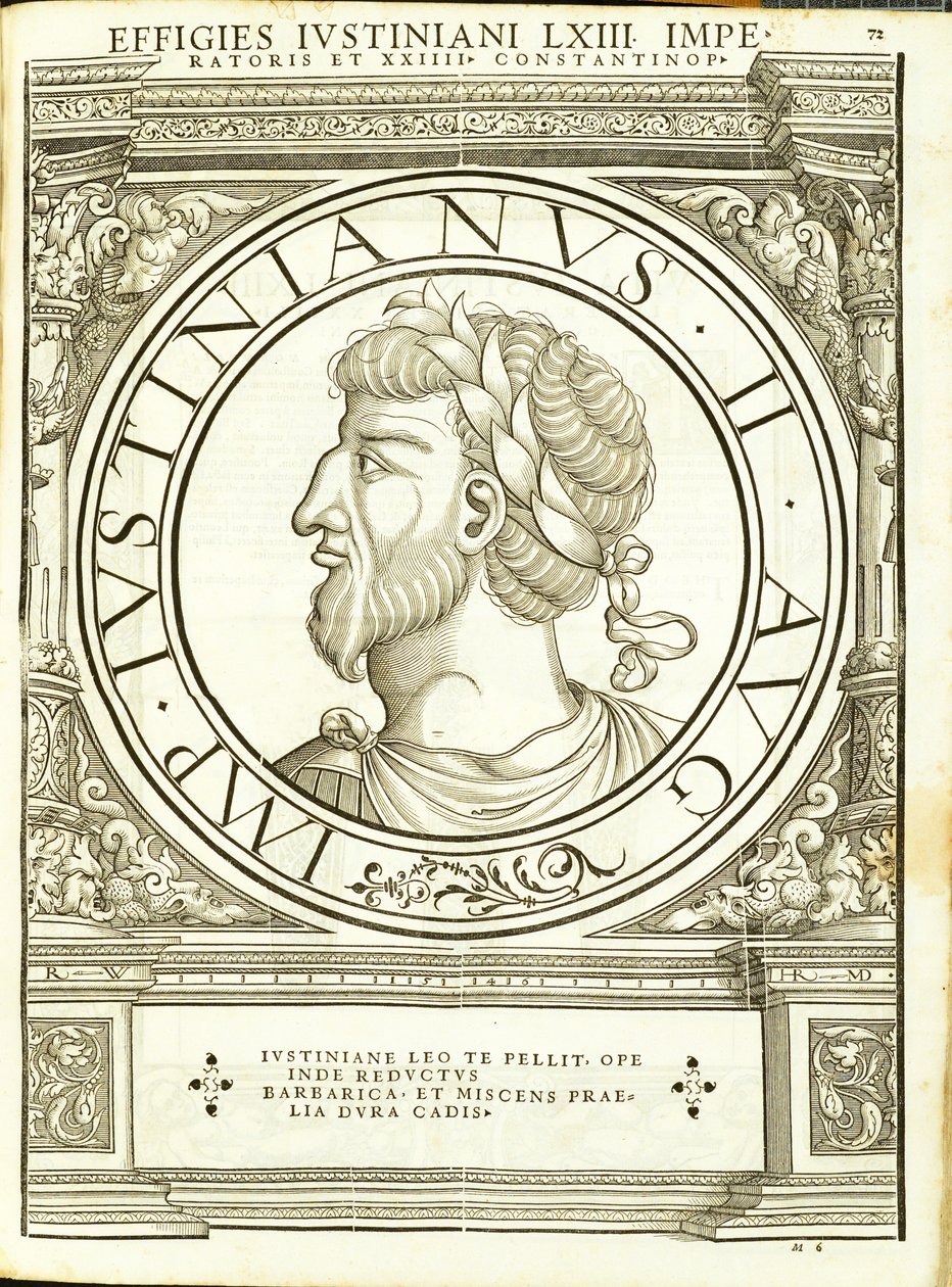 Iustinianus II, illustratie uit Imperatorum romanorum omnium orientalium et occidentalium verissimae imagines ex antiquis numismatis, houtsnede door Rudolph Wyssenbach, gedrukt door Andreas Gesner, Zürich door Hans Rudolf Manuel Deutsch