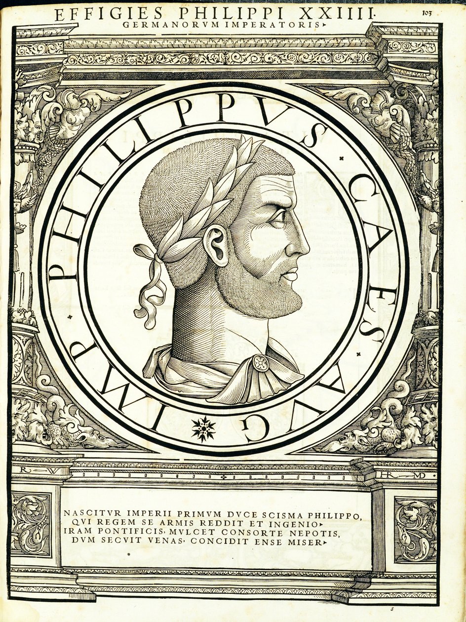 Philippus, illustratie uit Imperatorum romanorum omnium orientalium et occidentalium verissimae imagines ex antiquis numismatis door Hans Rudolf Manuel Deutsch