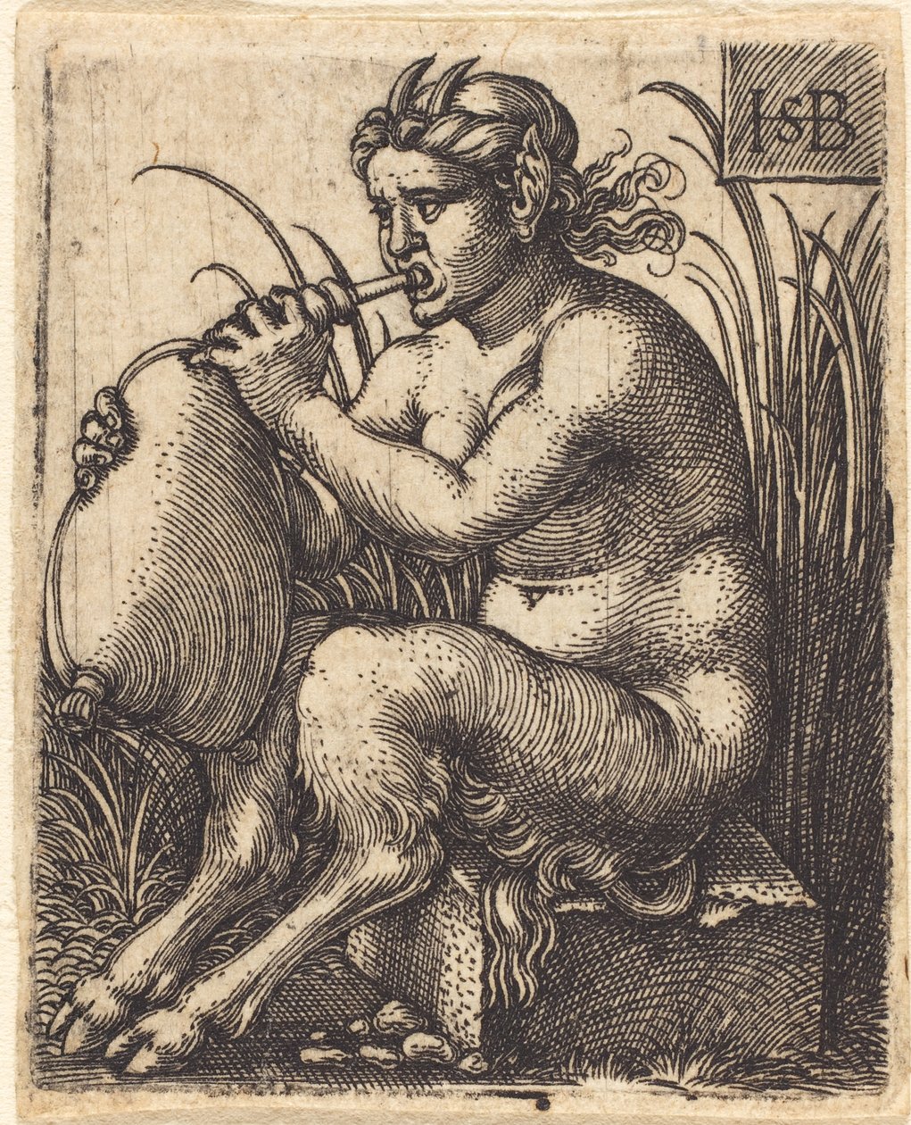 Satyrvrouw die doedelzak speelt, c.1525-50 door Hans Sebald Beham