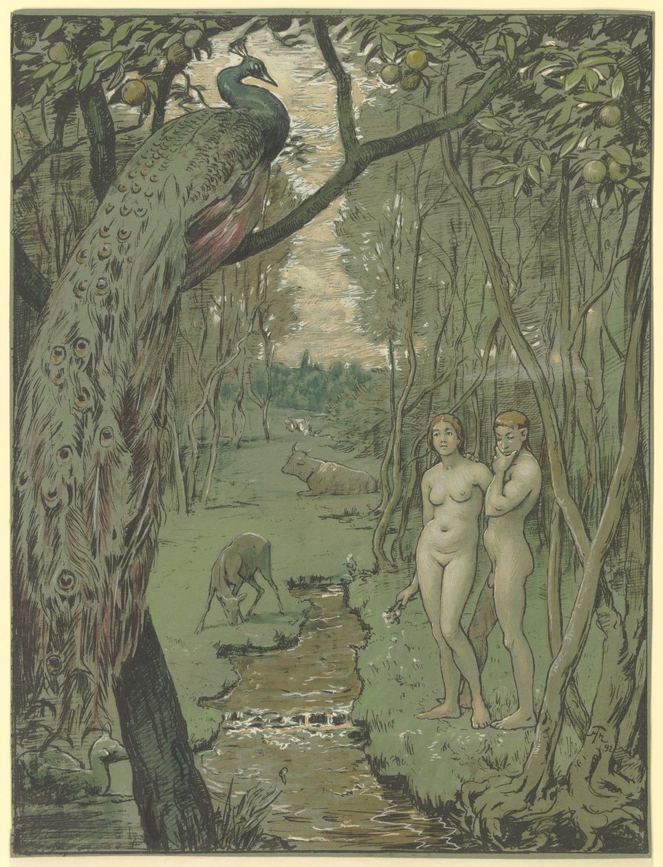 Paradijs met pauw door Hans Thoma