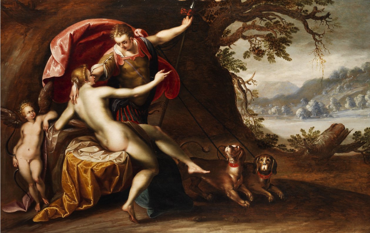 Venus en Adonis met honden door Hans von Aachen
