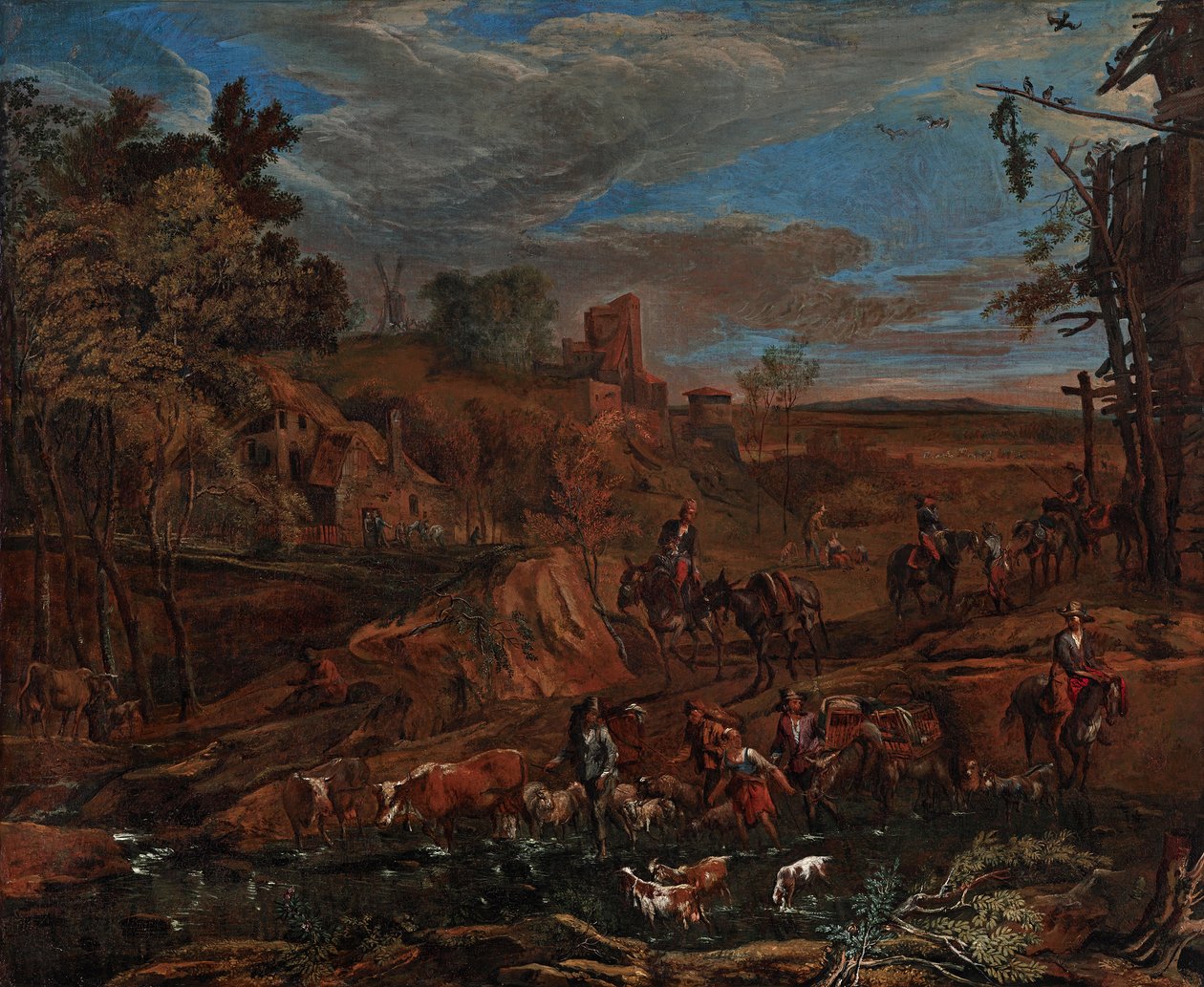Herfstlandschap met doorwaadbare plaats en vee door Hans (Johann Baptist) Graf