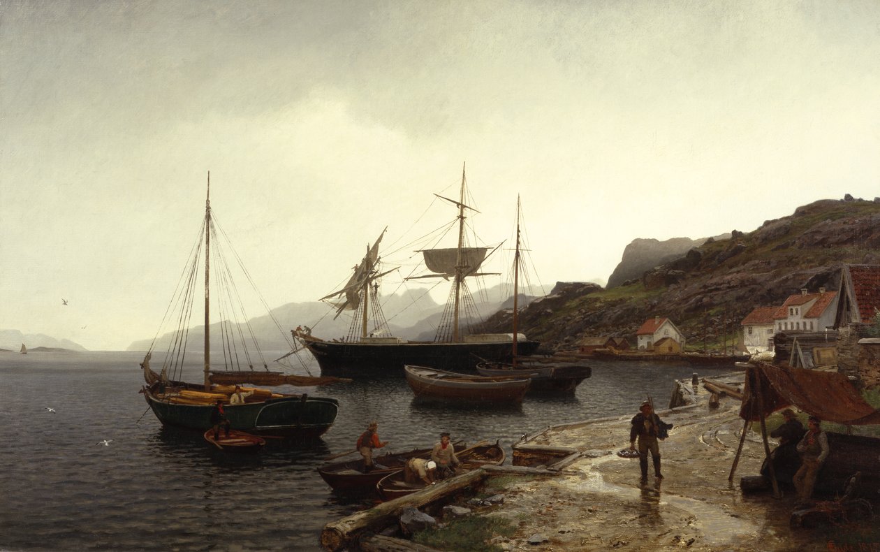 Vissersboot in de haven, Kleven, Mandal door Hans Gude