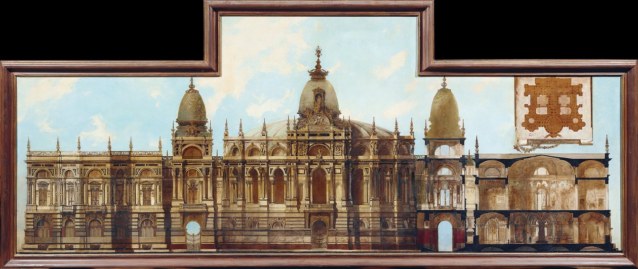 Ontwerp voor een paleis: Achterkant en plattegrond door Hans Makart