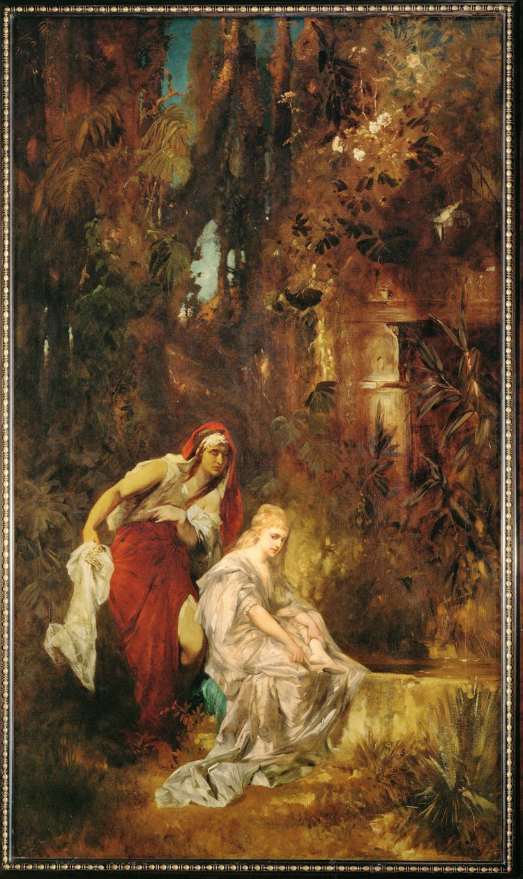 Sneeuwwitje slaapt ... (schilderij op doek) door Hans Makart