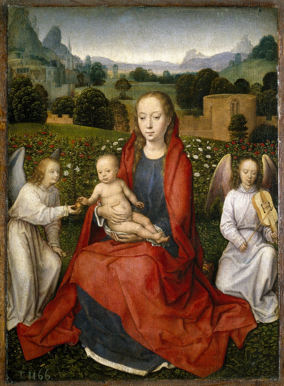 Maagd en kind en twee engelen door Hans Memling