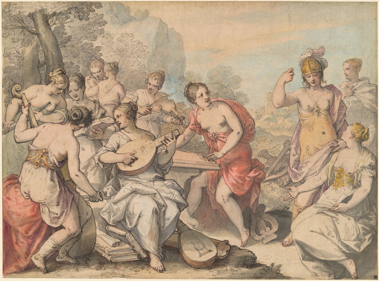Minerva en de Muzen door Hans Rottenhammer