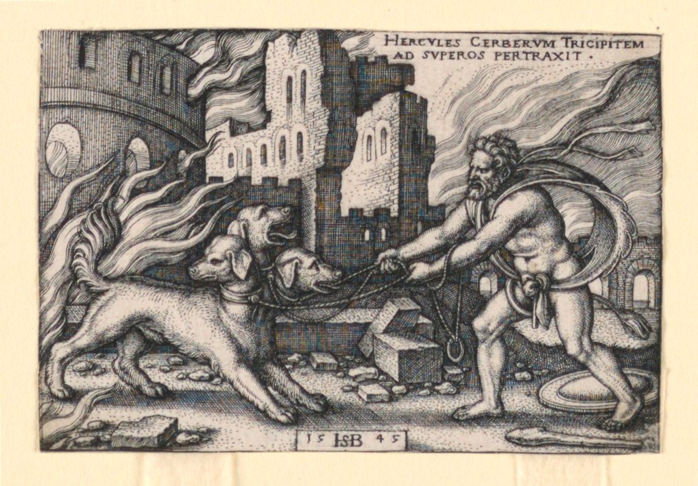 Hercules vangt Cerberus door Hans Sebald Beham