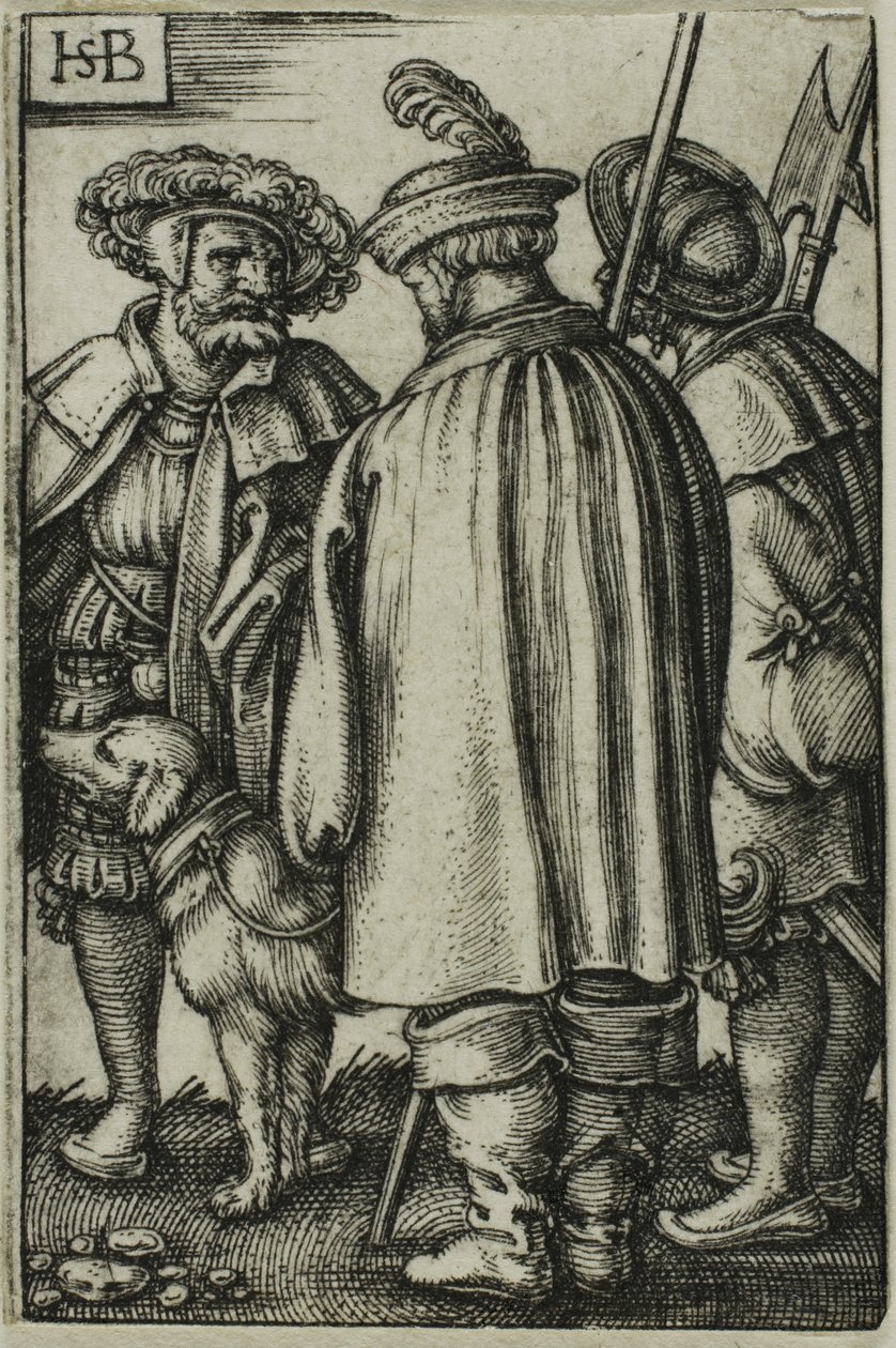 Drie soldaten en een hond door Hans Sebald Beham