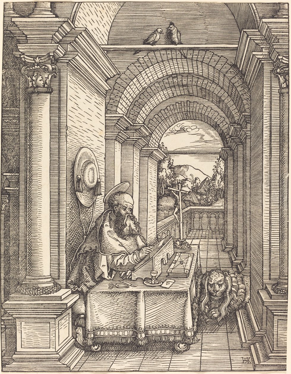Sint Hiëronymus schrijvend door Hans Springinklee