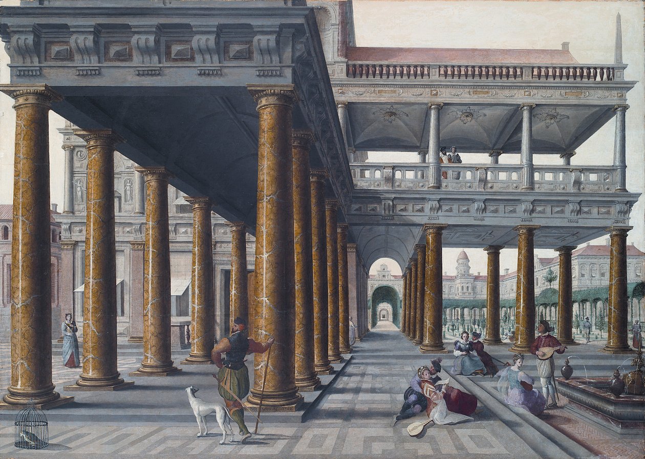 Architectonische eigenaardigheid met figuren door Hans Vredeman de Vries