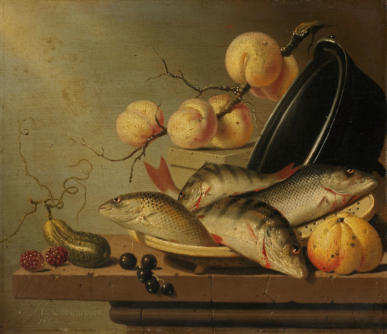 Stilleven met vis en fruit door Harmen Steenwijck