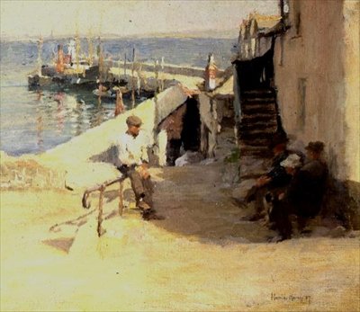 Straatscène in Newlyn door Harold Harvey