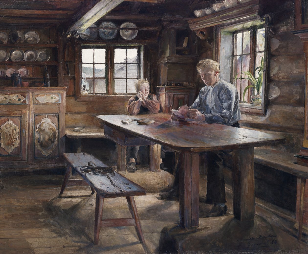 Interieur, huiswerk door Harriet Backer