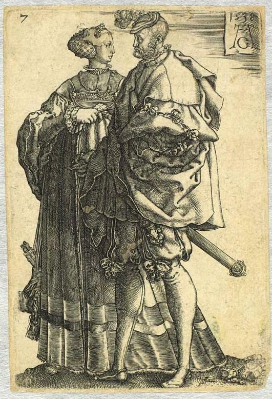 Een dansend paar [uit de serie De grote bruiloftsfeestvierders] door Heinrich Aldegrever