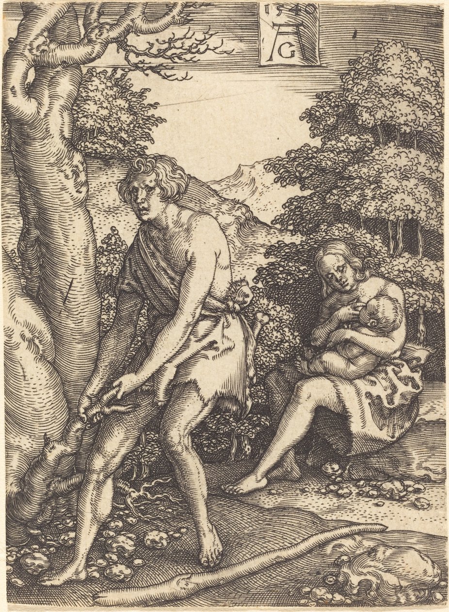 Adam en Eva aan het werk door Heinrich Aldegrever