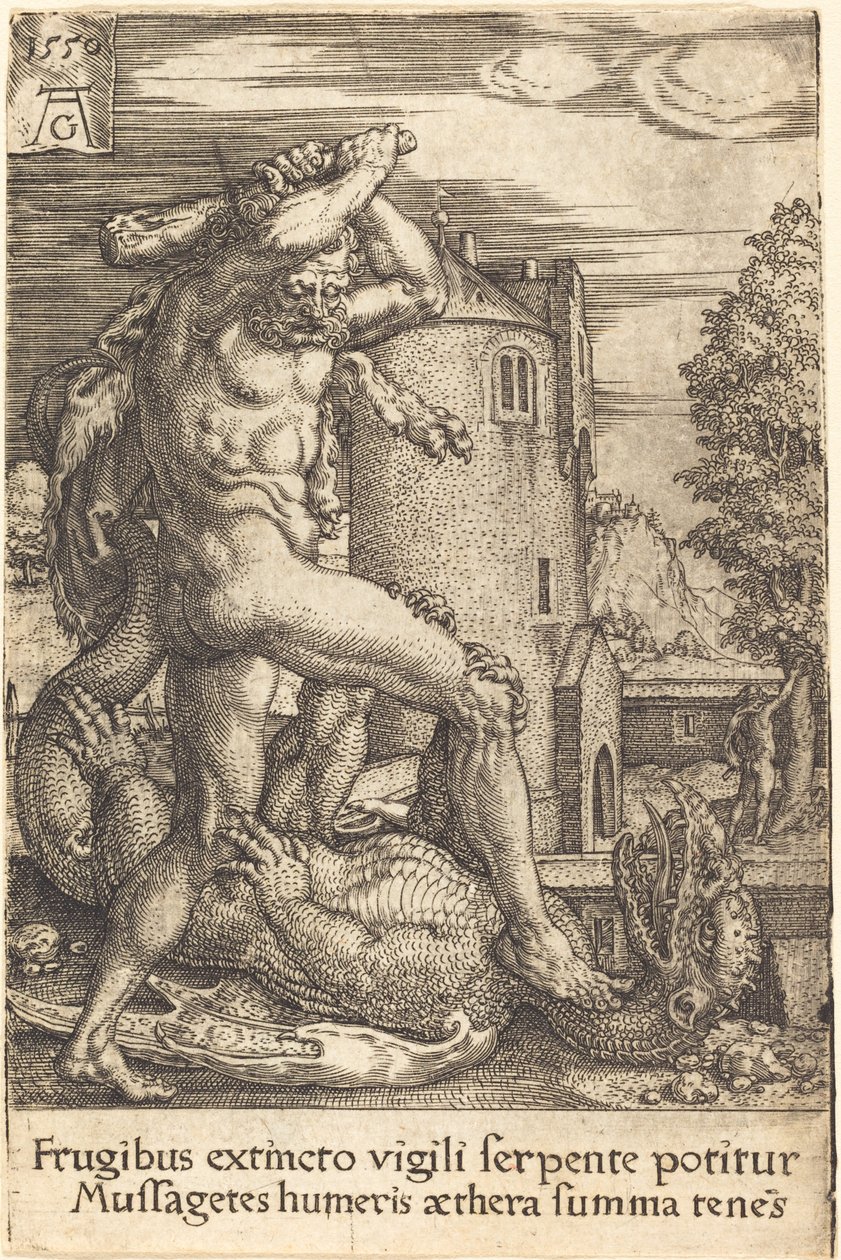 Hercules die de draak doodt door Heinrich Aldegrever