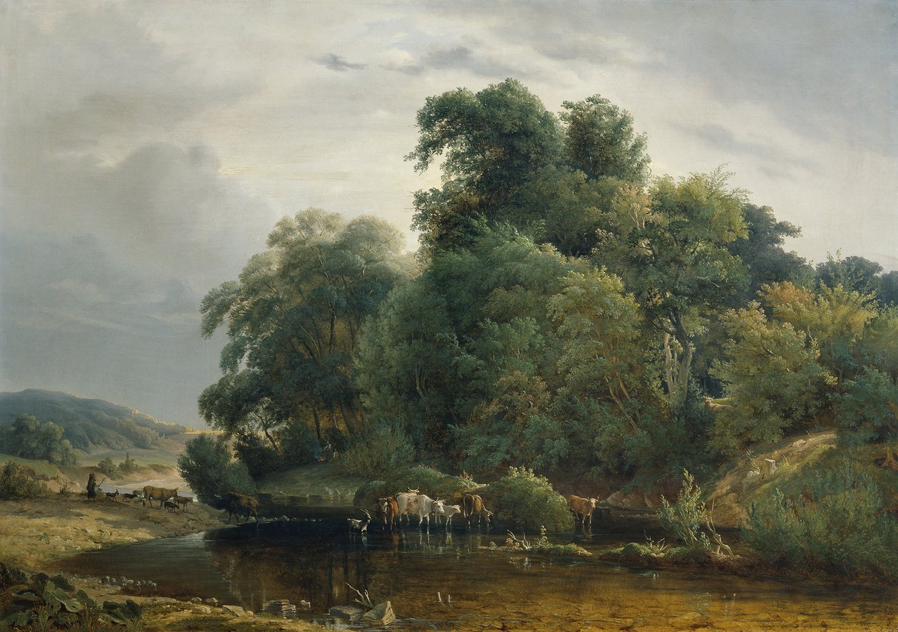 Landschap met veekudde en herderin door Heinrich Peyer