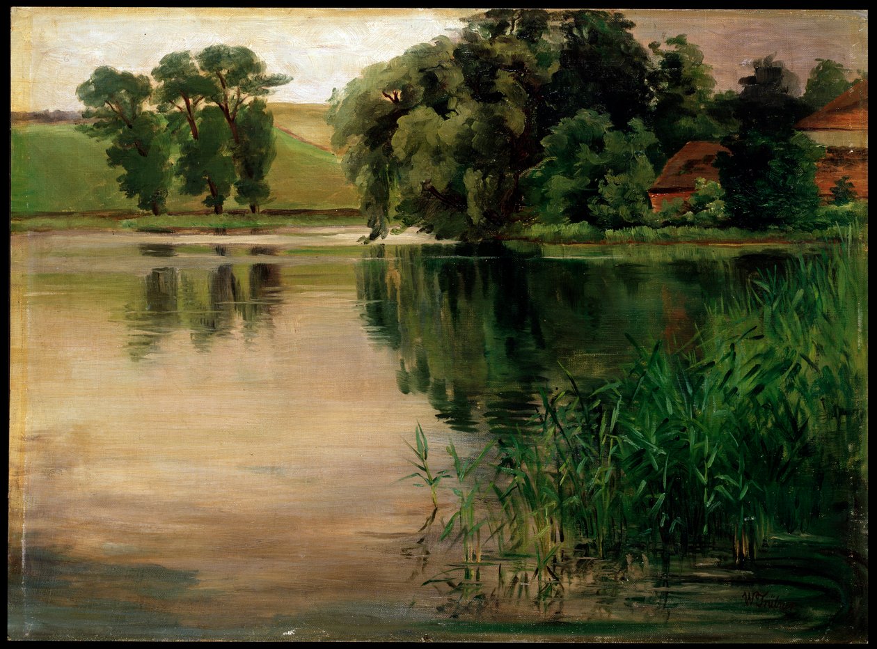 Bij een Vijver, ca. 1870-1900. Duits schilderij door Heinrich Wilhelm Trübner