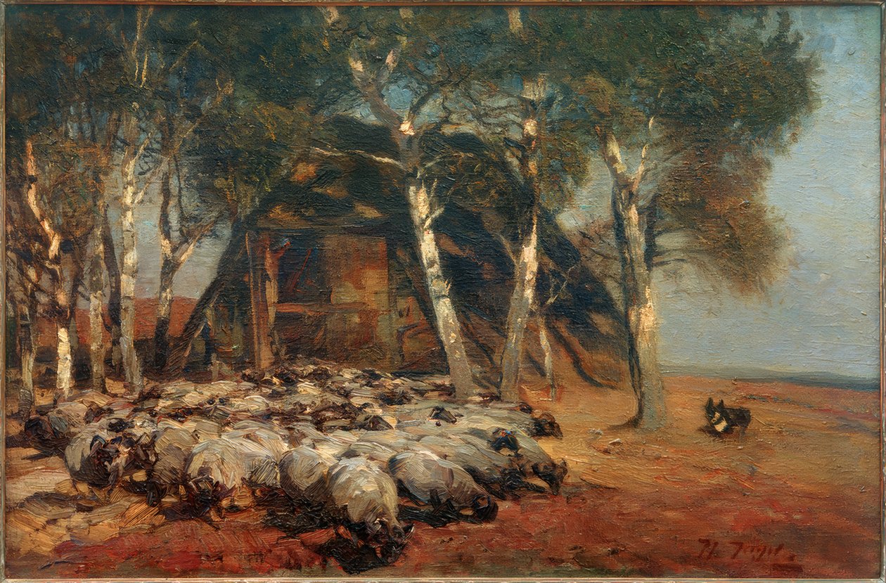 Kudde schapen bij de Koben door Heinrich von Zügel