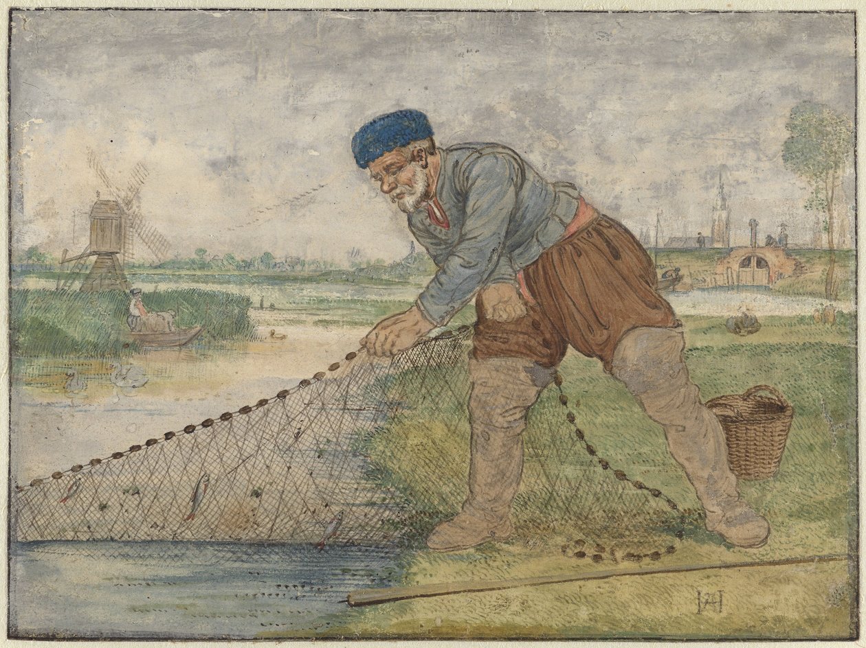 Een visser die zijn net binnenhaalt door Hendrick Avercamp