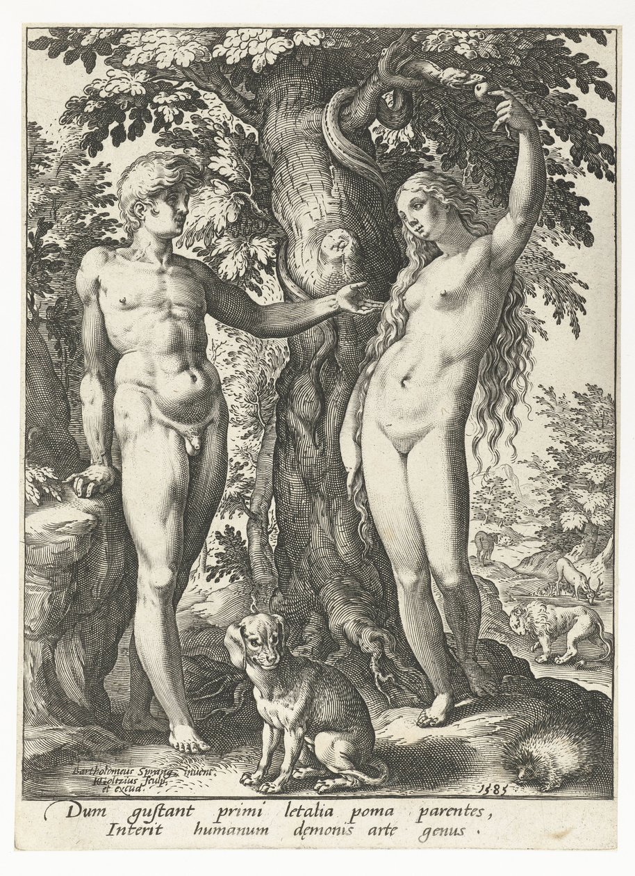Adam en Eva en de slang door Hendrick Goltzius