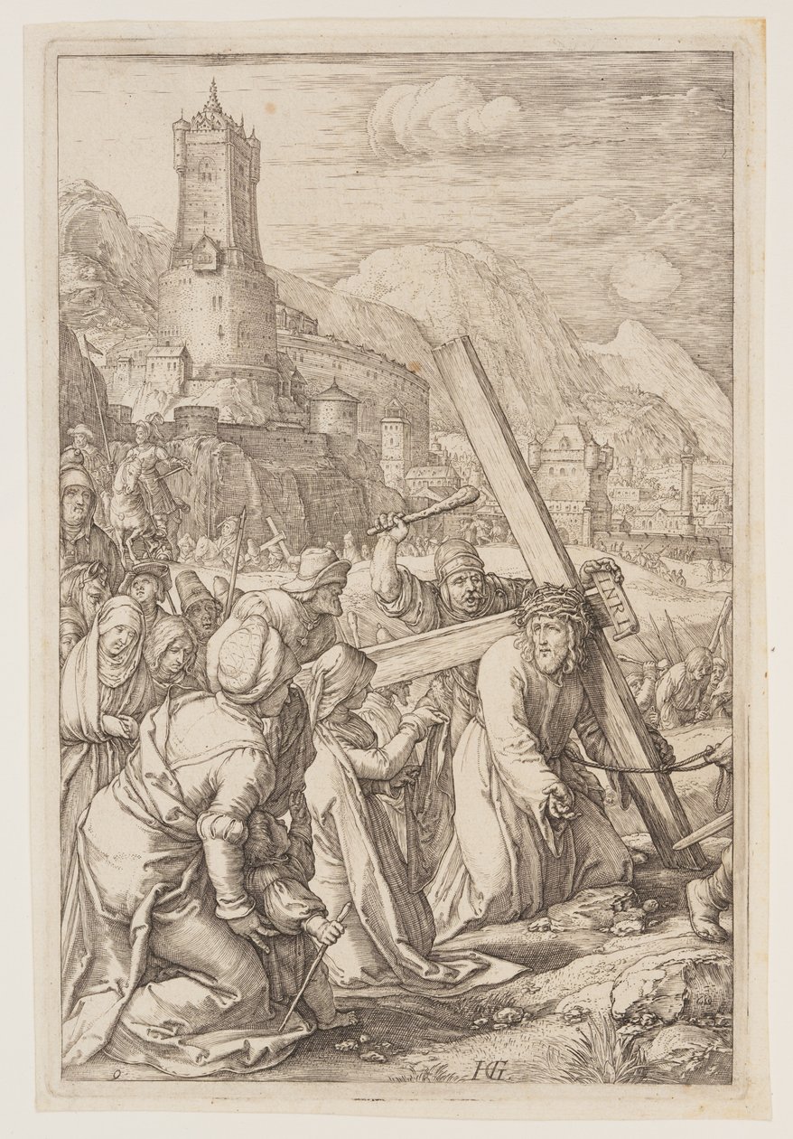 Christus draagt het kruis, uit The Passion door Hendrick Goltzius