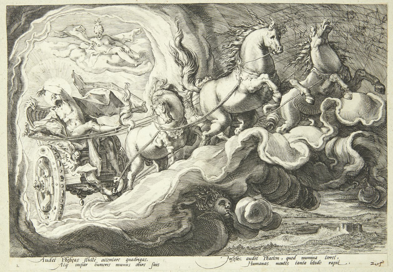 Phaëton rijdt de zonnewagen door Hendrick Goltzius
