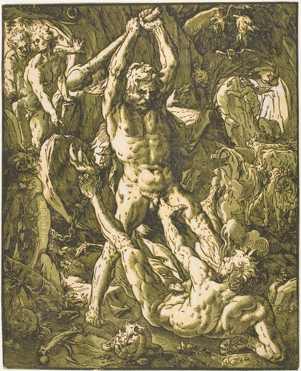 Hercules doodt Cacus door Hendrick Goltzius