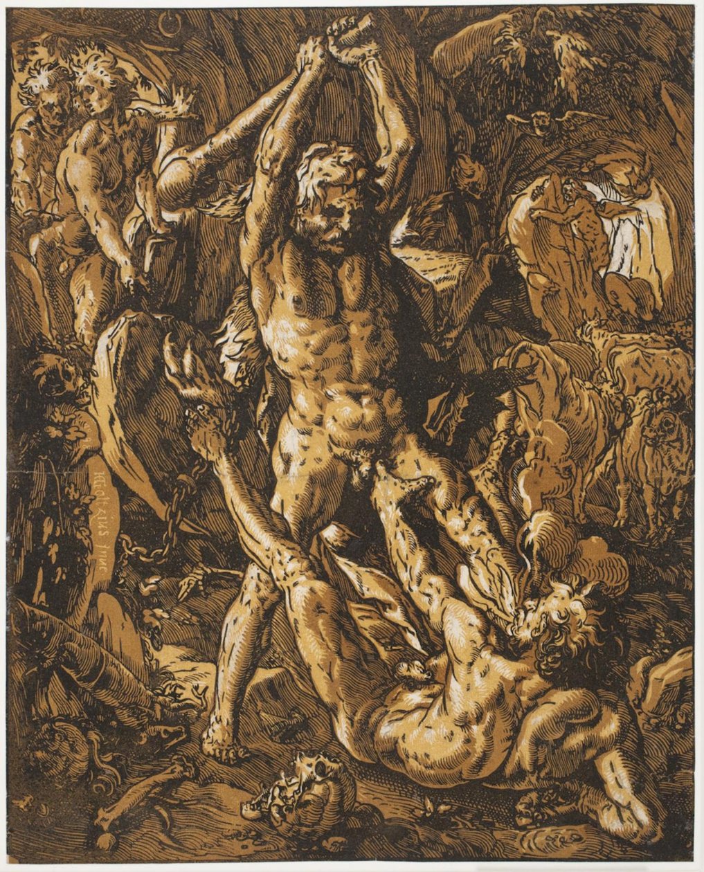 Hercules doodt Cacus door Hendrick Goltzius