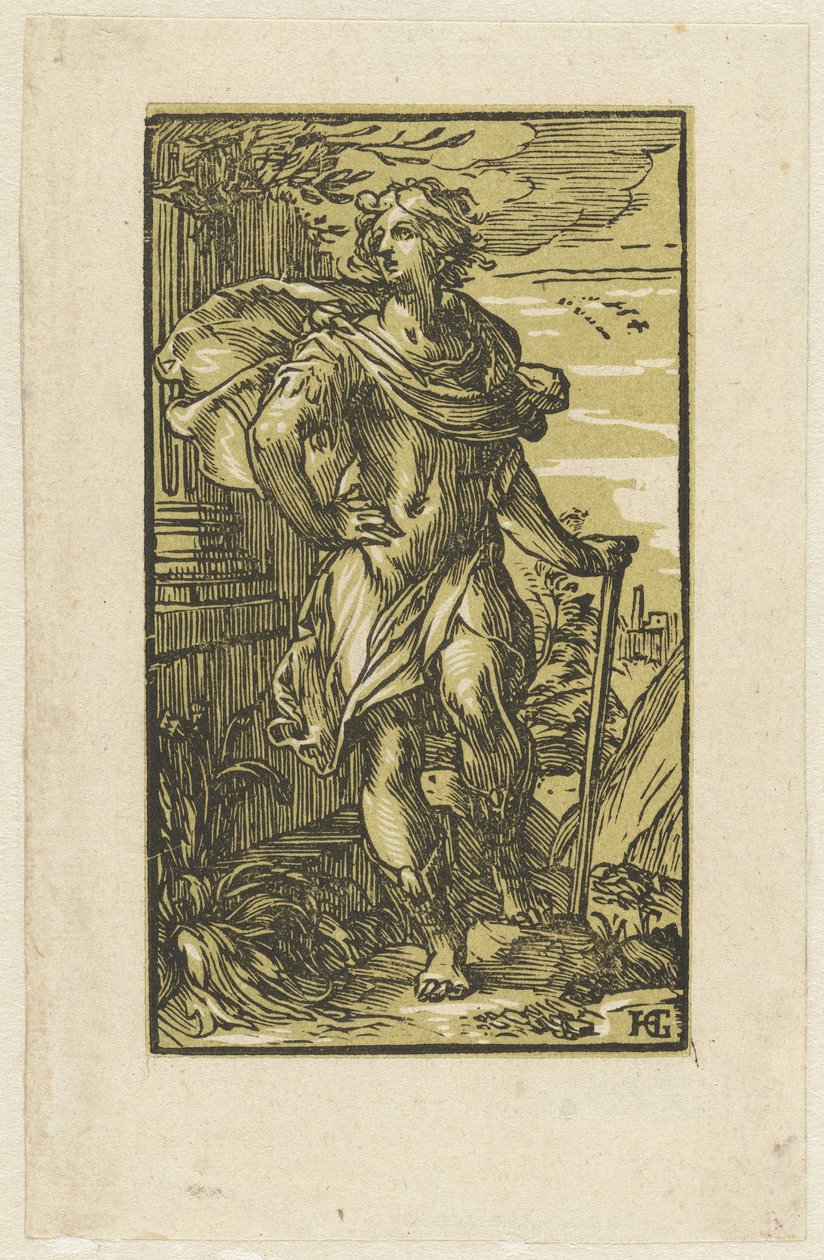 Jongeman met wandelstok door Hendrick Goltzius