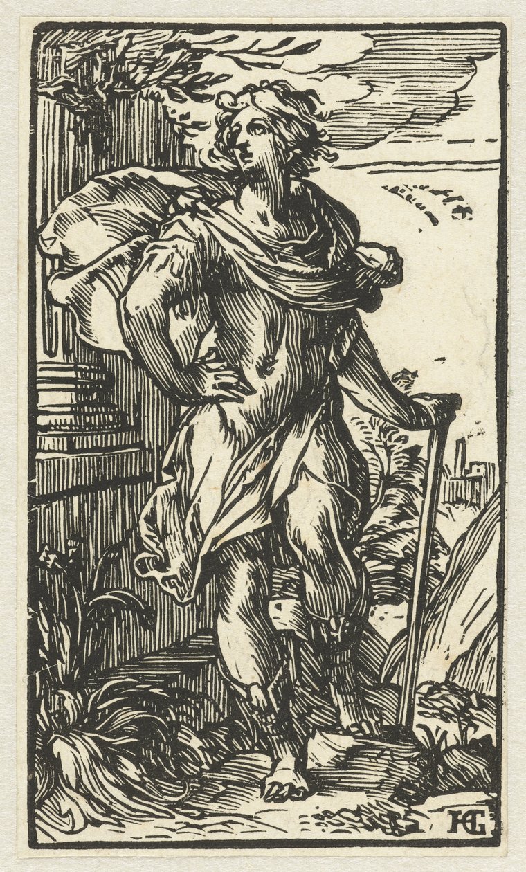 Jongeman met wandelstok door Hendrick Goltzius