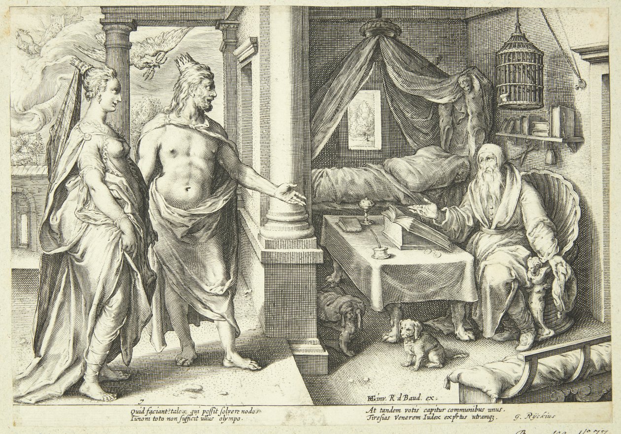 Jupiter en Juno raadplegen Teiresias door Hendrick Goltzius