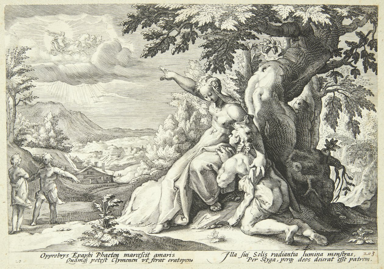 Clymene spoort Phaëton aan om Helios te vinden door Hendrick Goltzius