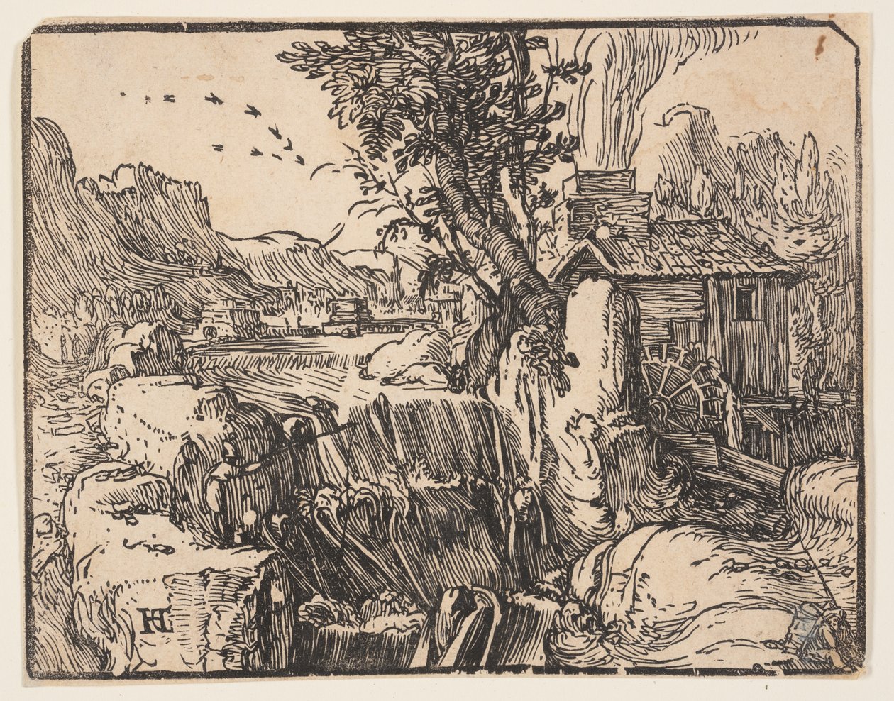 Landschap met waterval door Hendrick Goltzius