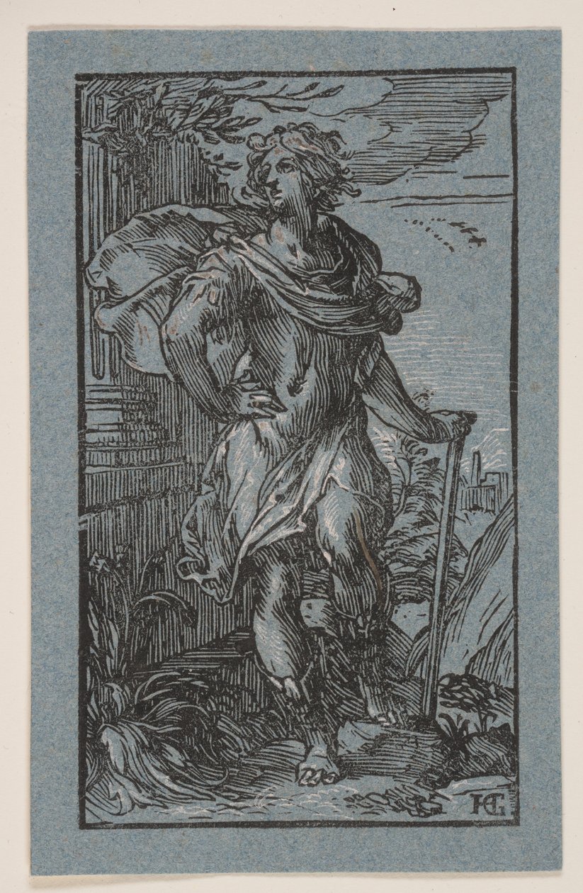Staande jonge man met stok door Hendrick Goltzius