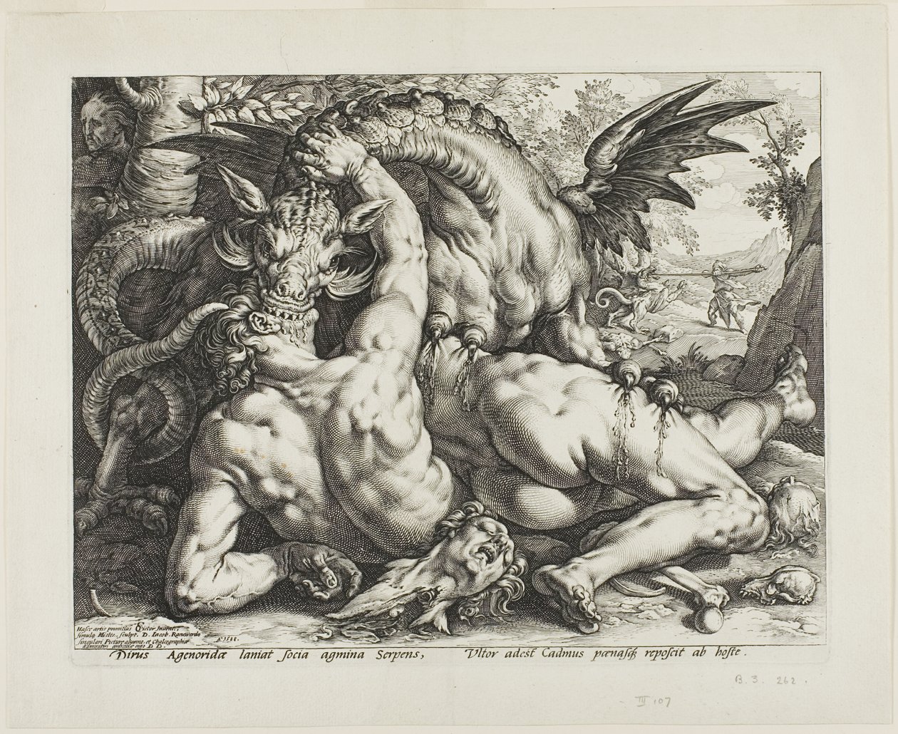 De draak die de metgezellen van Cadmus verslindt door Hendrick Goltzius