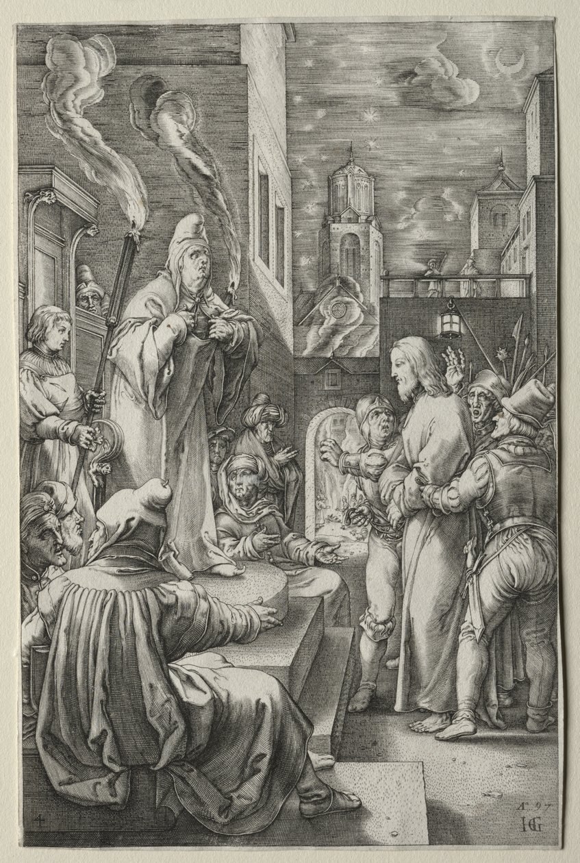 De Passie: Christus voor Kajafas door Hendrick Goltzius