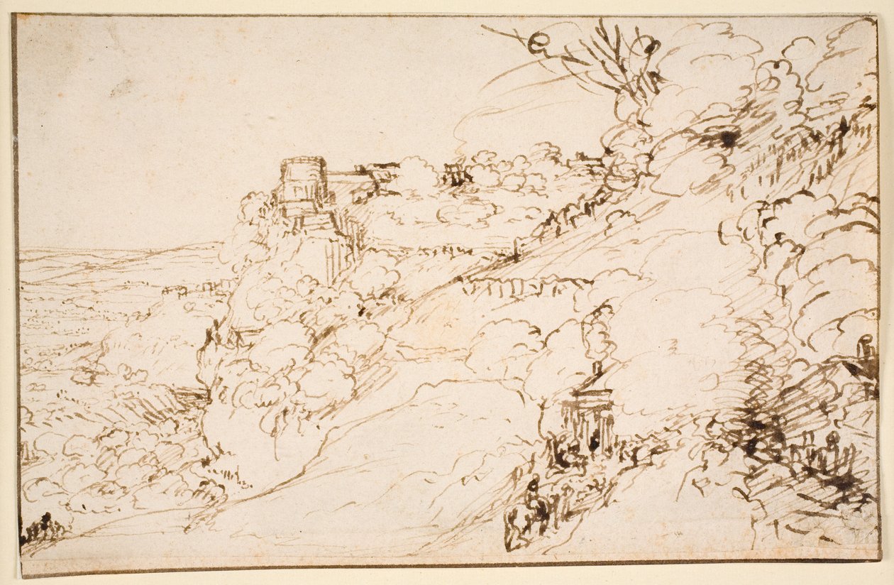 Landschap met kasteelachtig gebouw op berguitloper door Hendrick Goudt