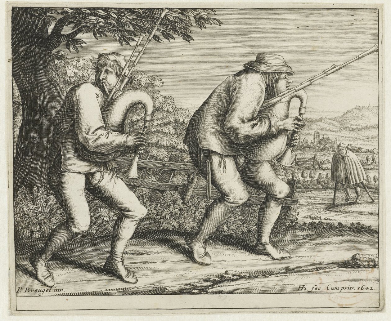 Twee doedelzakspelers (Pelgrimage naar Molenbeek) door Hendrick Hondius (I)