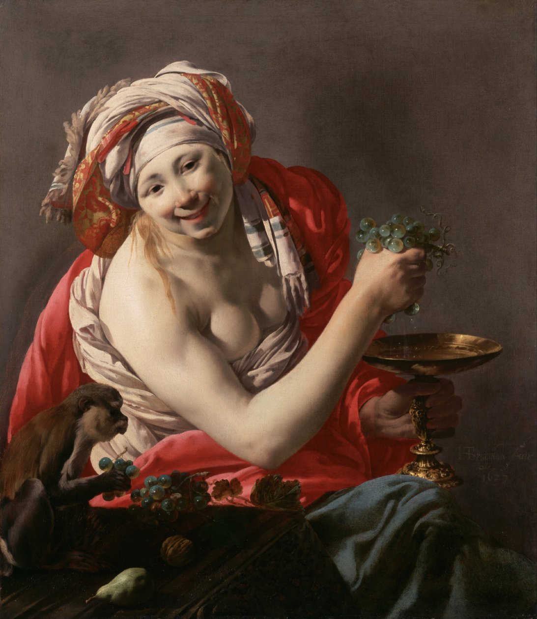 Bacchante met een Aap door Hendrick Jansz Terbrugghen