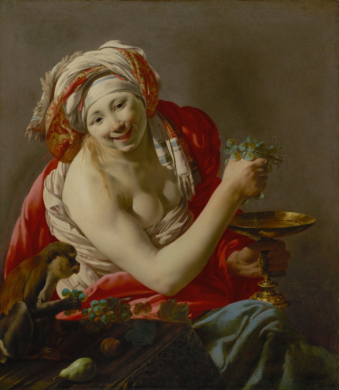 Bacchante met een aap door Hendrick ter Brugghen