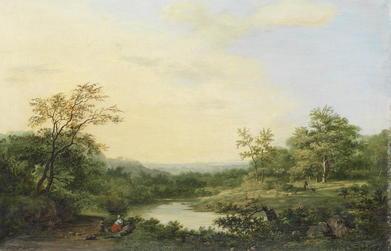 Een romantisch rivierlandschap door Hendrik Pieter Koekkoek