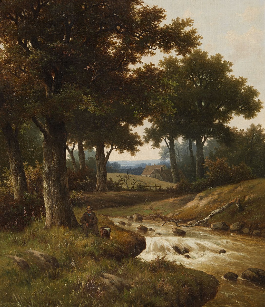 Bosrijk rivierlandschap met huizen op de achtergrond door Hendrik Pieter Koekkoek