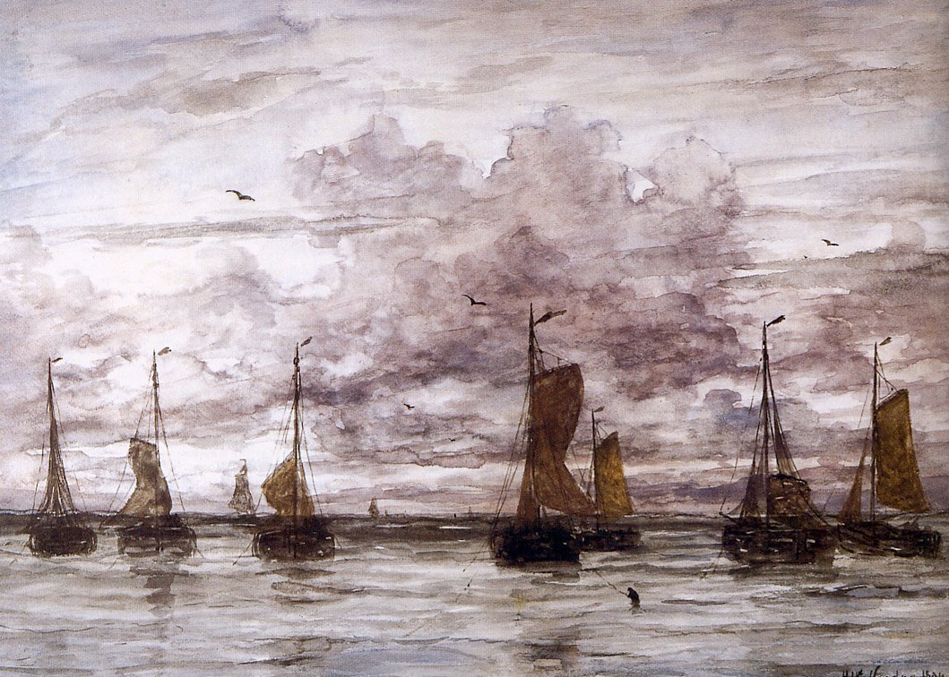 Schepen op anker door Hendrik Willem Mesdag